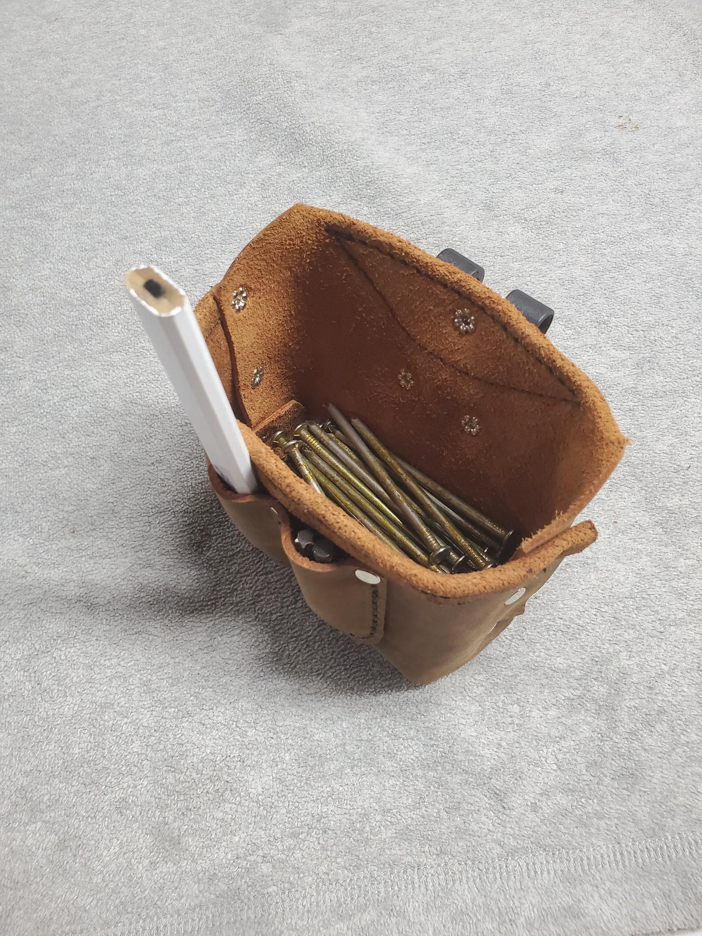 Add-On Pouch for screw/nails with pencil/bit pockets and heavy-duty polycarbonate plastic clip