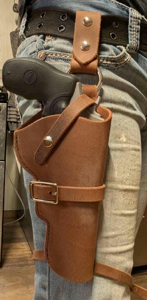 Crazy Horse Leather Drop-Holster: Leg & Barrel Straps, Right-Hand Draw