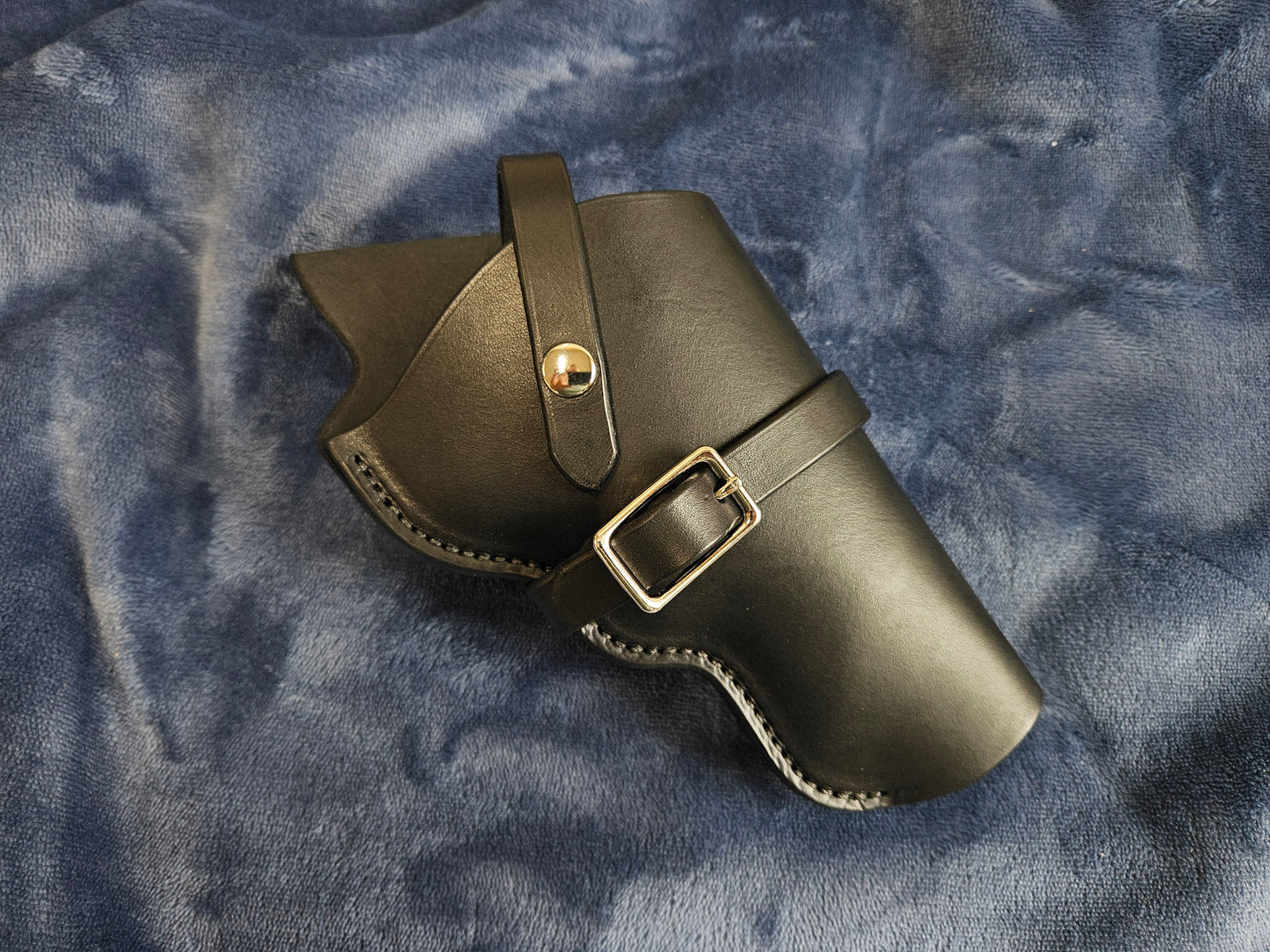 Cross-Draw Black Leather Holster | barrel strap with buckle | holding strap with snap