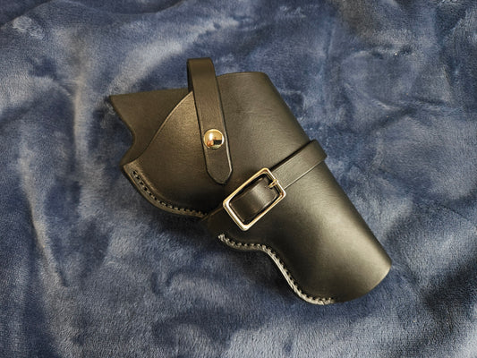 Cross-Draw Black Leather Holster | barrel strap with buckle | holding strap with snap