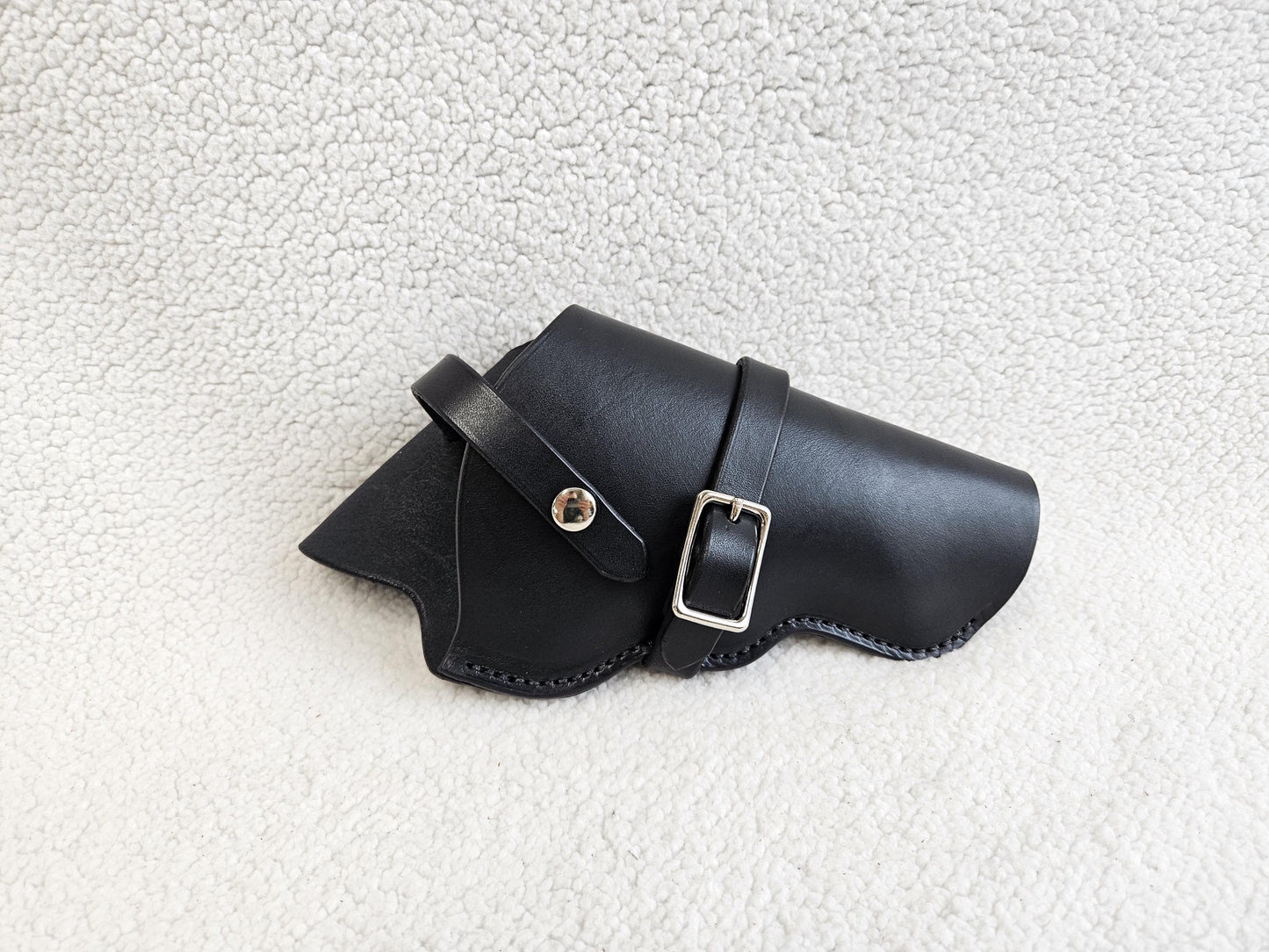 Cross-Draw Black Leather Holster | barrel strap with buckle | holding strap with snap