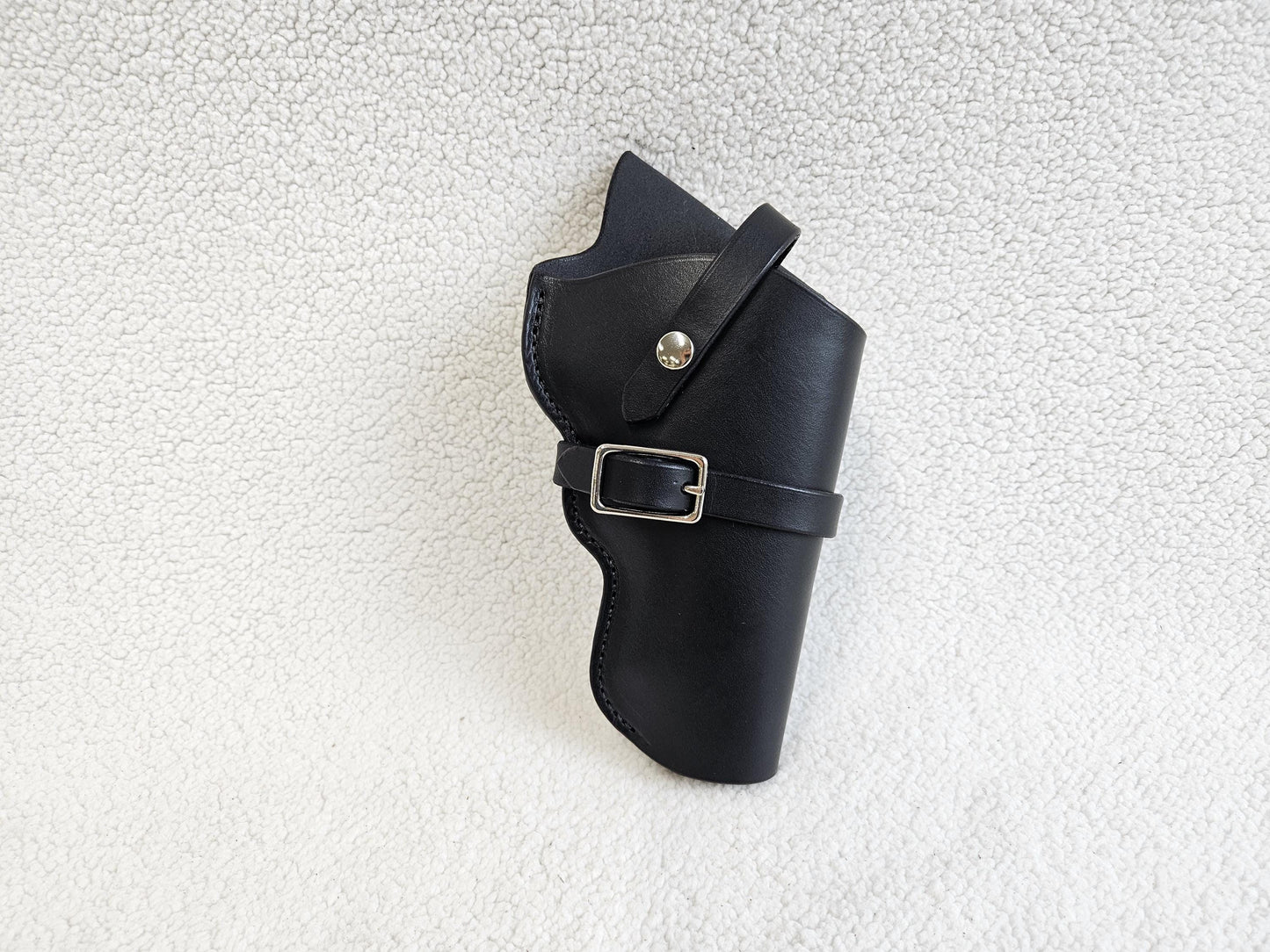 Cross-Draw Black Leather Holster | barrel strap with buckle | holding strap with snap
