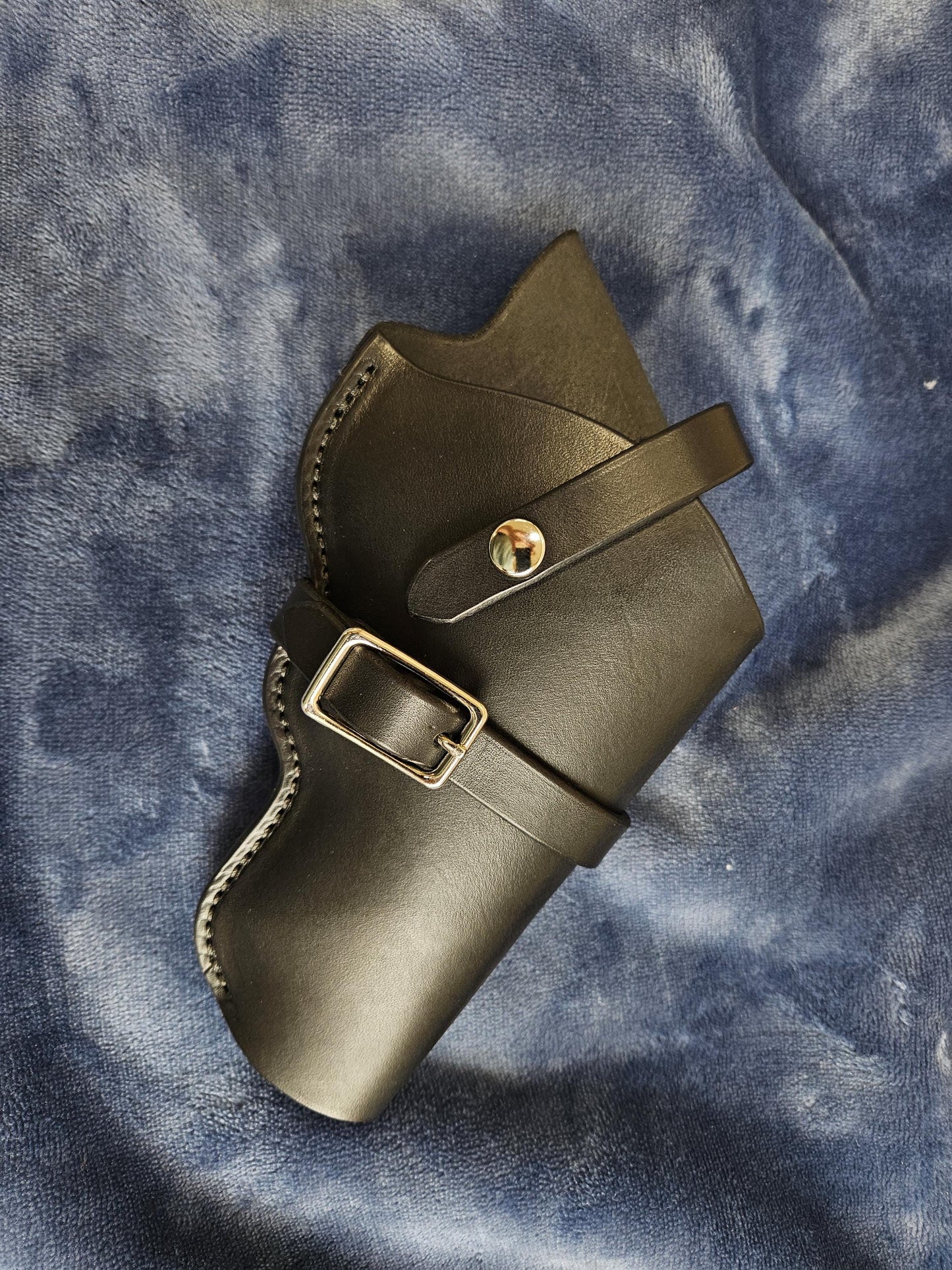 Cross-Draw Black Leather Holster | barrel strap with buckle | holding strap with snap